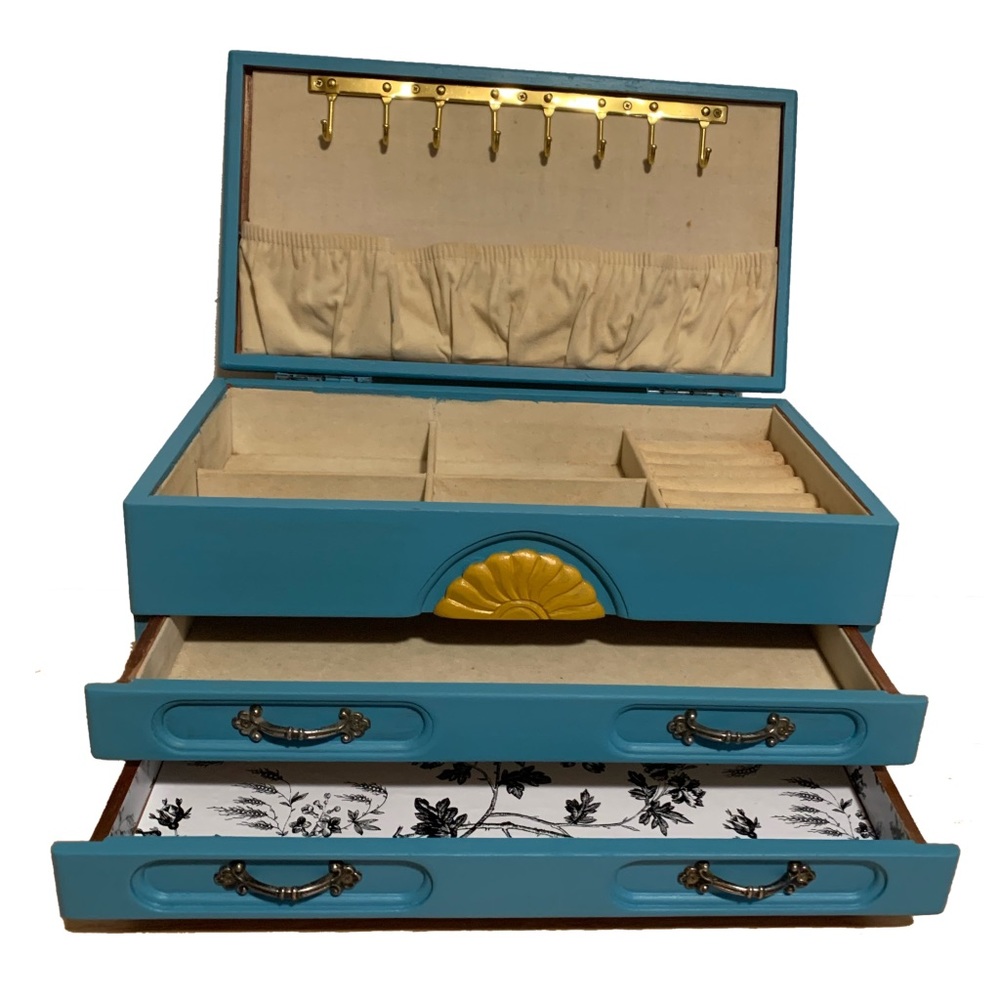 Hand Painted Blue and Yellow Wooden Jewelry Box with Bronze Handles
